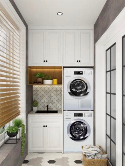 房子裝修設計流程，陽臺定制一個洗衣機柜，好看又實用