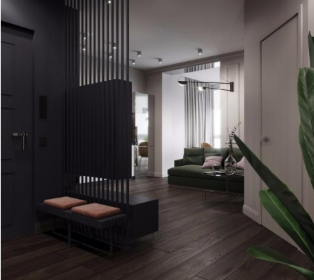 客廳電視墻裝修：玄關(guān)木格柵兼做電視墻，臥室墻體斜砌更通暢